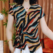 如續時(shí)尚系帶設計感短袖襯衫T恤女2025夏款新款媽媽薄款顯瘦上衣 彩色條紋 L 建議85-100斤