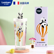 樂美雅鋼化耐熱變色吸管杯帶刻度玻璃水杯卡通杯里爾熊貓吸管杯425ml