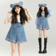 凱莉歐KEIKO 可卸帽隨性減齡連帽背帶牛仔褲25秋季俏皮小個(gè)子連身短褲 淺藍色  背帶褲可拆解帽飾 L