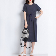黎依奴短袖真口袋連衣裙女2025夏季新款寬松休閑收腰系帶條紋長款裙子 藏青條紋 M
