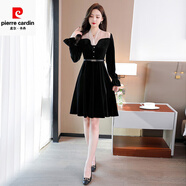 皮爾卡丹（pierre cardin）絲絨連衣裙女氣質(zhì)御姐別致獨特絕美小黑裙風(fēng)情萬(wàn)種裙子春秋款新款 黑色（送腰帶HZ） S