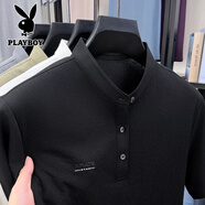 花花公子（PLAYBOY）時尚立領短袖T恤男2025夏季潮款百搭POLO體恤 黑色 M 建議86-100斤
