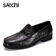 沙馳（SATCHI）男鞋新款鴕鳥紋真皮一腳蹬商務(wù)休閑皮鞋時(shí)尚舒適百搭樂福鞋男 黑色 42