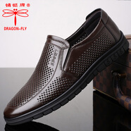 蜻蜓牌（DRAGON-FLY）頭層牛皮男鞋新款商務(wù)休閑鏤空涼鞋真皮中老年爸爸鞋男 棕色【洞洞鞋】 H 8802 39