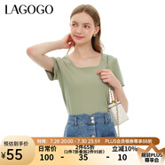lagogo淺綠色法式方領(lǐng)高級感T恤女拉谷谷夏新款修身簡約純色上衣 淺綠色(L8) S