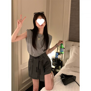 S.SOFEA夏季墊肩T恤雙排扣高腰闊腿褲廣州十三行 單灰短褲 S