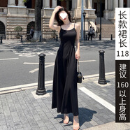 薩肯貓（SAKENMAO）黑色莫代棉吊帶連衣裙女2025夏季法式感收腰小黑裙赫本長(zhǎng)裙子 黑【長(zhǎng)款裙長(zhǎng)118】 2XL