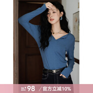 謎秀針織衫小翻領(lǐng)柔軟舒適打底套頭長(zhǎng)袖上衣女小個(gè)子 藍(lán)色 常規(guī) M