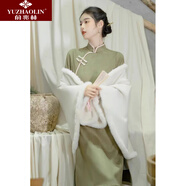 俞兆林（YUZHAOLIN）秋冬旗袍新款年輕款女長(cháng)袖高端氣質(zhì)改良連衣裙蕾絲加絨冬款 抹茶綠鹿皮絨434 XL