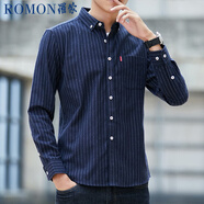 羅蒙（ROMON）條紋長袖襯衫男士韓版修身商務休閑百搭襯衣外套藏青色3XL