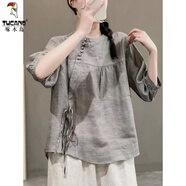啄木鳥(niǎo)復古斜門(mén)襟亞麻襯衫女短袖夏季系帶寬松顯瘦上衣純色減齡棉麻小衫 灰色 M 【95-115斤】