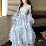 歐黛秀吊帶連衣裙女夏季裙子開(kāi)衫兩件套 時(shí)尚氣質(zhì)藍色碎花裙搭配長(cháng)袖一 兩個(gè)碎花吊帶裙+藍色耐曬開(kāi)衫 S