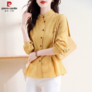 皮爾卡丹（pierre cardin）小格子長(cháng)袖襯衣女士秋季2025年新款立領(lǐng)氣質(zhì)襯衣收腰顯瘦裙擺上衣 黃色 S