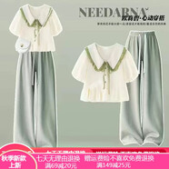 碧彩雅（BICAIYA）女童夏季套裝新款9-14歲女大童學(xué)生夏天薄款短袖寬松長(cháng)褲兩件套潮 杏色短袖+綠色闊腿褲 160 （M）碼 【建議90-105斤】