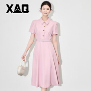 XAQ法式高端連衣裙女夏季名媛氣質(zhì)端莊大氣簡(jiǎn)約翻領(lǐng)收腰輕熟風(fēng)A字裙 粉色 M