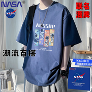NASAWASSUP2025夏季新款潮牌短袖t恤男印花純棉上衣服青少年半袖打底體恤衫 藍(lán)色 【免燙-抗皺】 3XL 推薦（155-175斤）