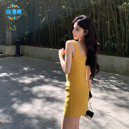 慕瑤雨大碼胖mm小黑裙吊帶連衣裙子女夏季收腰顯瘦辣妹性感純欲包臀短裙 姜黃色 2XL 125-135斤