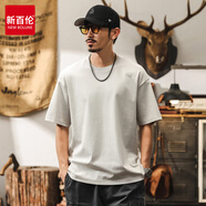 新百倫夏季男士短袖T恤2025新款寬松美式潮牌休閑純色小白t打底男士上衣 米色 M  適合100-125斤