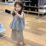 玉儷歆女童夏季背心套裝2025新款森系女寶寶韓版格子娃娃衫直筒褲兩件套 套裝(娃娃衫+直筒褲) 120