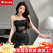 格格家 網(wǎng)紅性感純欲時尚裹胸一字領(lǐng)網(wǎng)紗透視修身顯瘦包臀連衣裙 黑色 L
