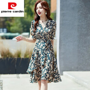 皮爾卡丹（pierre cardin）碎花雪紡連衣裙2025夏季新款法式V領(lǐng)短袖時(shí)尚小個(gè)子顯瘦百搭裙子2 綠色 M (80-斤  甄選面料)