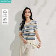 茵曼法式女裝彩虹條針織短袖t恤夏季新潮通勤套頭襯衫上衣 彩虹藍 M
