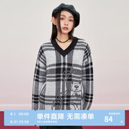 樂町馬海毛寬松個(gè)性V領(lǐng)線套衫冬新款格紋小熊提花少女毛衣 黑白格紋（現(xiàn)貨） XS