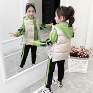 招晴瑜女童衣服冬裝大童女裝12歲以上兒童冬天加衣服13到15歲女孩初中生套裝中童加絨馬甲衛衣褲子三件 綠色 三件套 110 cm