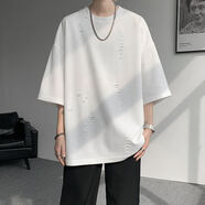 型楠宇胖子大碼破洞短袖t恤男款夏季小眾潮流設計感五分袖寬松半截袖男 靜謐白 M