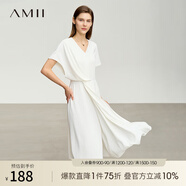 AMII2025夏新款V領(lǐng)解構(gòu)不對稱收褶連衣裙女荷葉袖短袖收腰小黑裙 米白 160/84A/M