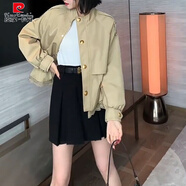 皮爾卡丹（pierre cardin）美拉德風(fēng)小個(gè)子短款風(fēng)衣抽繩收腰蕾絲邊短外套百搭洋氣秋冬季 卡其色蕾絲邊短外套 S