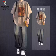 啄木鳥(niǎo)（TUCANO）美式水洗短袖t恤男士夏季套裝痞帥上衣搭配牛仔褲男裝潮流兩件套 卡其色短袖+牛仔褲藍色 2件套 XL