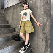 木木屋女童夏裝套裝2025夏季新款洋氣兒童短袖T恤時(shí)尚中大童女孩衣服潮 小女孩套裝-軍綠色 120 適合110-120cm年齡6-7歲
