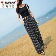 啄木鳥(niǎo)（TUCANO）雪紡闊腿褲女寬松2025夏新款高腰豎條紋直筒沙灘休閑中年拖地長(cháng)褲 黑底條紋 松緊腰 S 建議70-85斤