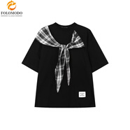 慕幕ins潮牌感領(lǐng)帶正肩上衣夏季簡約風(fēng)男女百搭格子披肩個(gè)性短袖 黑色 M