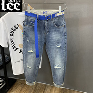 Lee dprre微寬松哈倫小腳褲補丁破洞牛仔褲男夏季薄款潮印花彈力修身九分褲 主圖款 （破洞有內(nèi)襯） 28 95-110斤