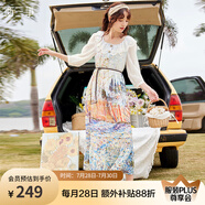 兩三事2025春季新款連衣裙女蕾絲碎花法式度假風(fēng)雪紡裙子月海夢游 杏色 S