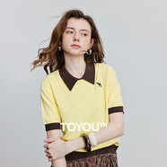 初語(yǔ)撞色休閑針織衫女2025夏季新款POLO領(lǐng)絲光棉上衣百搭 鵝黃色  L 