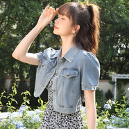 浮夏牛仔小外套短袖夏季薄款小襯衫女設(shè)計(jì)感小個(gè)子吊帶裙外搭短款上衣 淺藍(lán)色 主圖 S 建議95-105斤