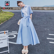 AEMAPE藍色法式復(fù)古連衣裙女中長款2025夏季新品襯衫裙簡約耐看百搭 藍色 M 【100-115】