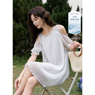 德瑪納【輕薄萊賽爾】夏季仙女木耳邊圓領(lǐng)露肩泡泡袖小個(gè)子氣質(zhì)女連衣裙