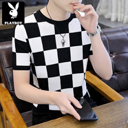 花花公子（PLAYBOY）男式針織短袖T恤夏季高端修身冰絲圓領(lǐng)上衣薄款休閑格子半袖體恤 6黑白色 M 90-105斤
