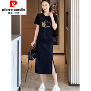 皮爾卡丹（pierre cardin）2025新款純l棉短袖t恤女連衣裙韓版寬松韓版時(shí)尚國(guó)風(fēng)開叉長(zhǎng)裙ins 1976黑色開叉連衣裙 S 80-100斤