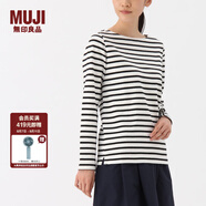 無印良品 MUJI 女式 粗棉線條紋長袖T恤 白色*橫條 L