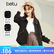 betu百圖女裝復(fù)古翻領(lǐng)赫本風(fēng)娃娃領(lǐng)精致織帶花邊燈籠袖毛呢外套女2109T01 黑色 XS