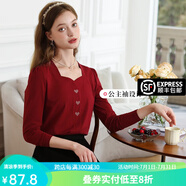 艾蓓怡（I BELIEVE YOU）杏色正肩方領(lǐng)愛心繡花長袖T恤女2025春季新款修身顯瘦上衣打底衫 朱櫻紅 L