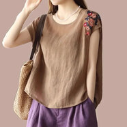 苜戈寬松棉麻無(wú)袖上衣女士2025新款夏季中年媽媽薄款大碼背心T恤 卡其色 XL 建議115-130斤