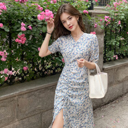 歐美風(fēng)時(shí)尚新款女夏裝法式港風(fēng)復古雪紡長(cháng)裙開(kāi)叉碎花連衣裙 淺藍色 M