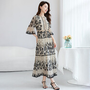 水墨佳人原創(chuàng  )大碼夏季顯瘦喬其真絲連衣裙100%桑蠶絲中長(cháng)印花連衣裙女1059 素影沉香 L (115-125斤)