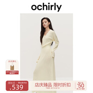 歐時力OCHIRLY 羊毛軟糯優(yōu)雅毛針織連衣裙V領(lǐng)秋冬季新品通勤簡約 米白 M